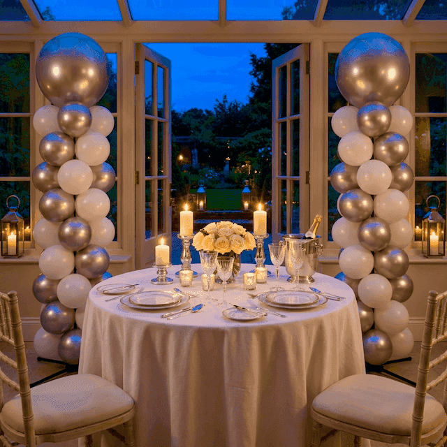 Elegante decoración de globos para aniversario de boda con columnas doradas y plateadas