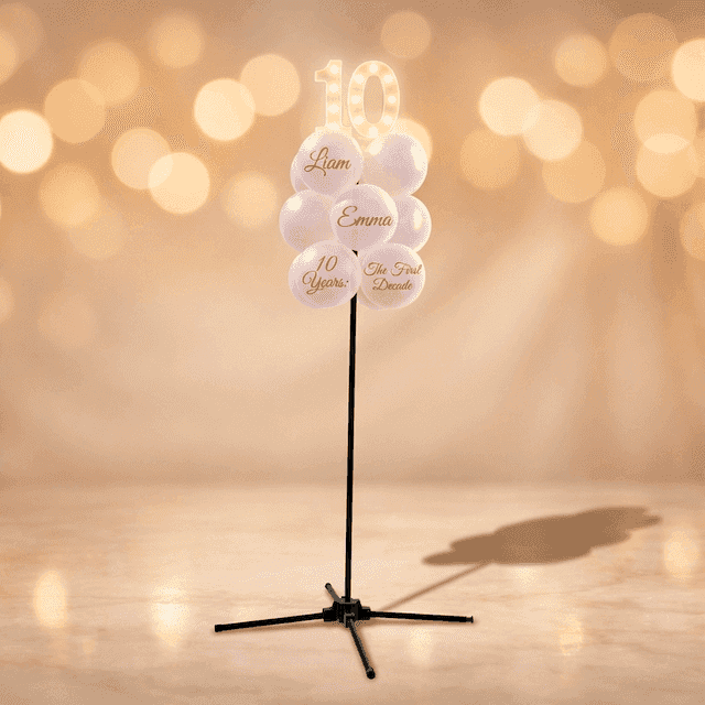 Racimo de globos de pie en oro rosa y blanco con números LED luminosos 10 como topper, sobre fondo oscuro