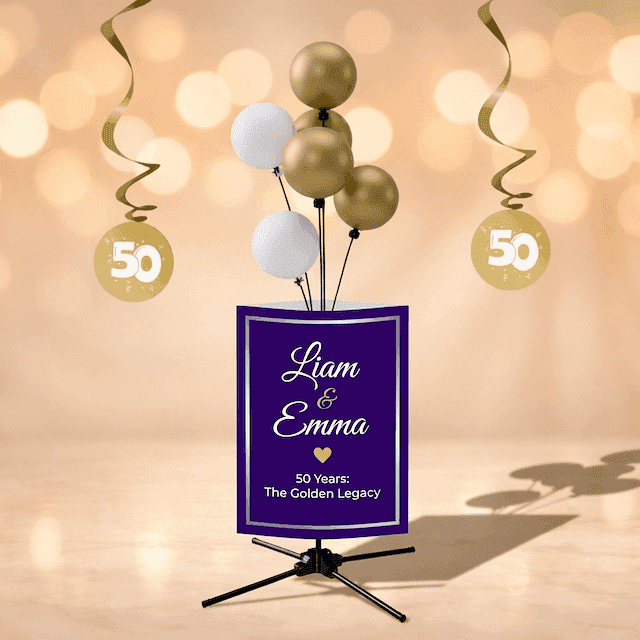 Racimo de globos dorado y blanco sobre panel de bienvenida morado con nombres de la pareja, en el vestíbulo de un hotel elegante