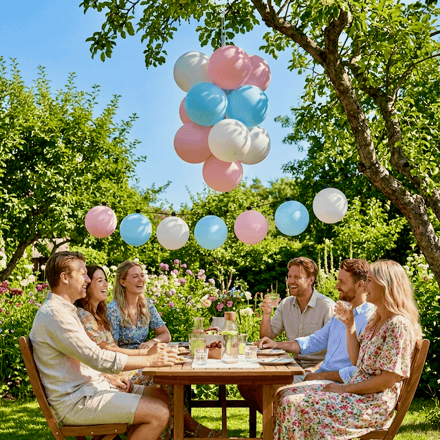 Decoración de aniversario en colores pastel en jardín durante fiesta veraniega de aniversario de boda con sol
