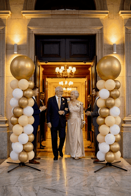 Columnas de globos doradas en la entrada del local de fiestas para celebración de 50 años casados bodas de oro