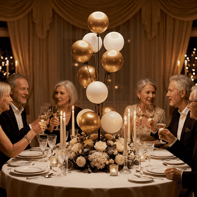Fuentes de globos doradas y blancas como elegante centro de mesa en cena íntima de aniversario con luz de velas