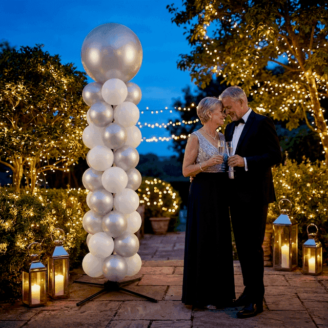 Ambiente romántico nocturno con decoración de aniversario PilaMania al crepúsculo para 25 años casados