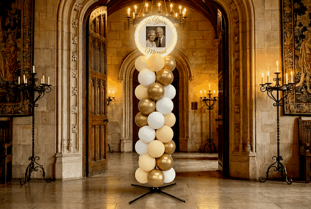 Columna de globos plateada con panel superior circular con nombres y foto de aniversario, colocada en un salón de fiestas elegantemente iluminado