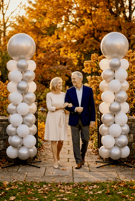 Columnas de globos plateadas y blancas en entrada exterior para celebración de 25 años casados en jardín con luz otoñal