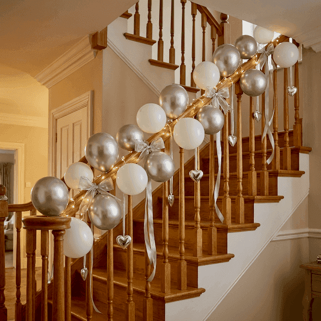 Guirnalda de globos PilaMania en plata y blanco por la barandilla para 25 años casados con lazos plateados y corazones