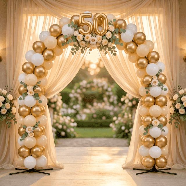 Arco de globos PilaMania decorado para 50 años casados bodas de oro con cinta dorada, organza champán y rosas blancas crema
