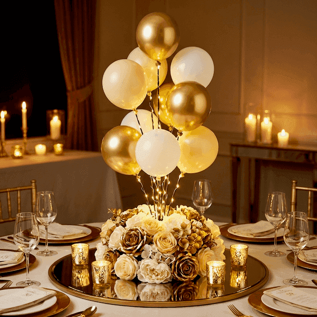 Balloon Signage Display PilaMania como centro de mesa dorado con luces LED y flores doradas para 50 años casados bodas de oro