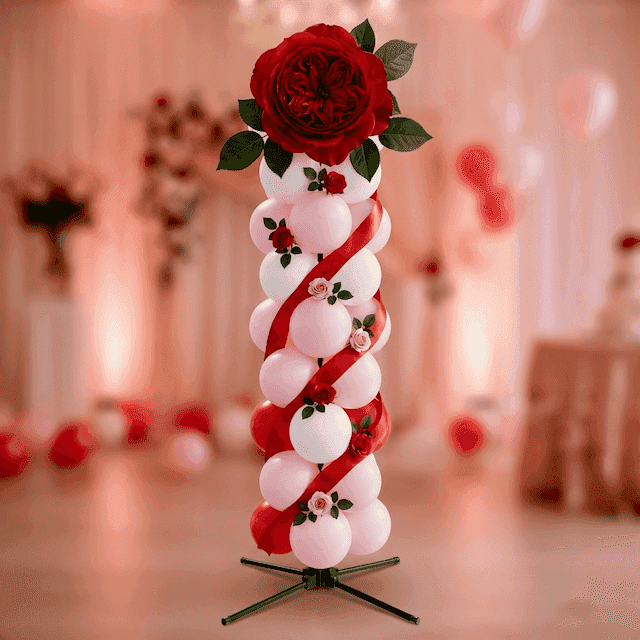 Columna de globos PilaMania decorada para 10 años casados bodas de estaño con rosas rojas, cinta de satén roja y capullos de rosa
