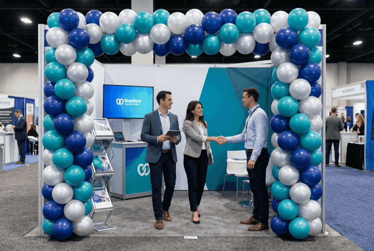 Arco de globos PilaMania como entrada profesional de stand en feria