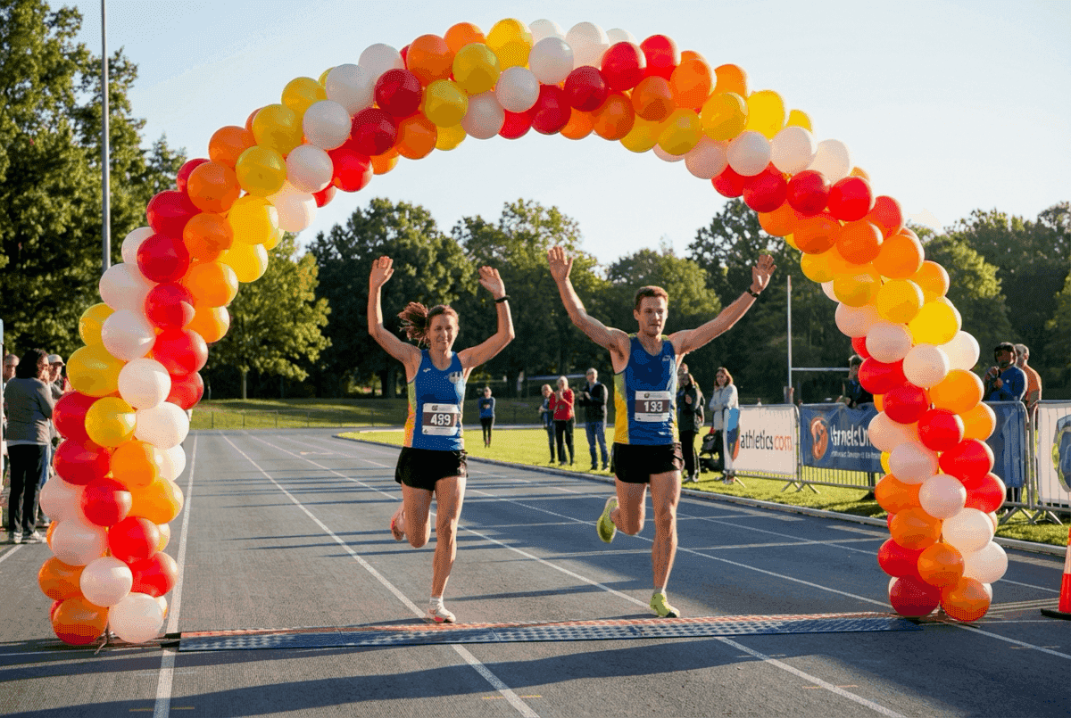 Arco de globos PilaMania como línea de meta en evento de running con participantes