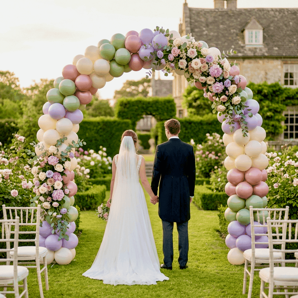 Arco de globos PilaMania con flores en boda de jardín inglés con novios