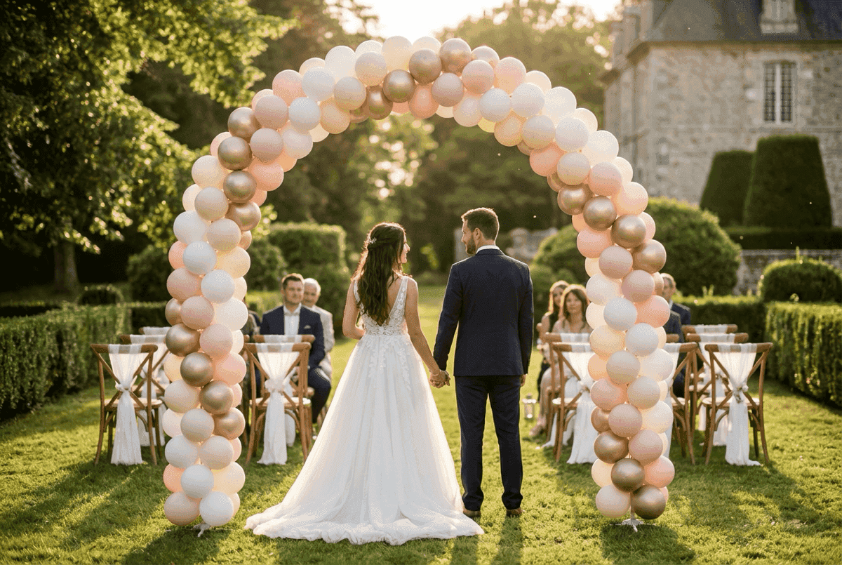 Arco de globos PilaMania como altar de boda en ceremonia romántica al aire libre