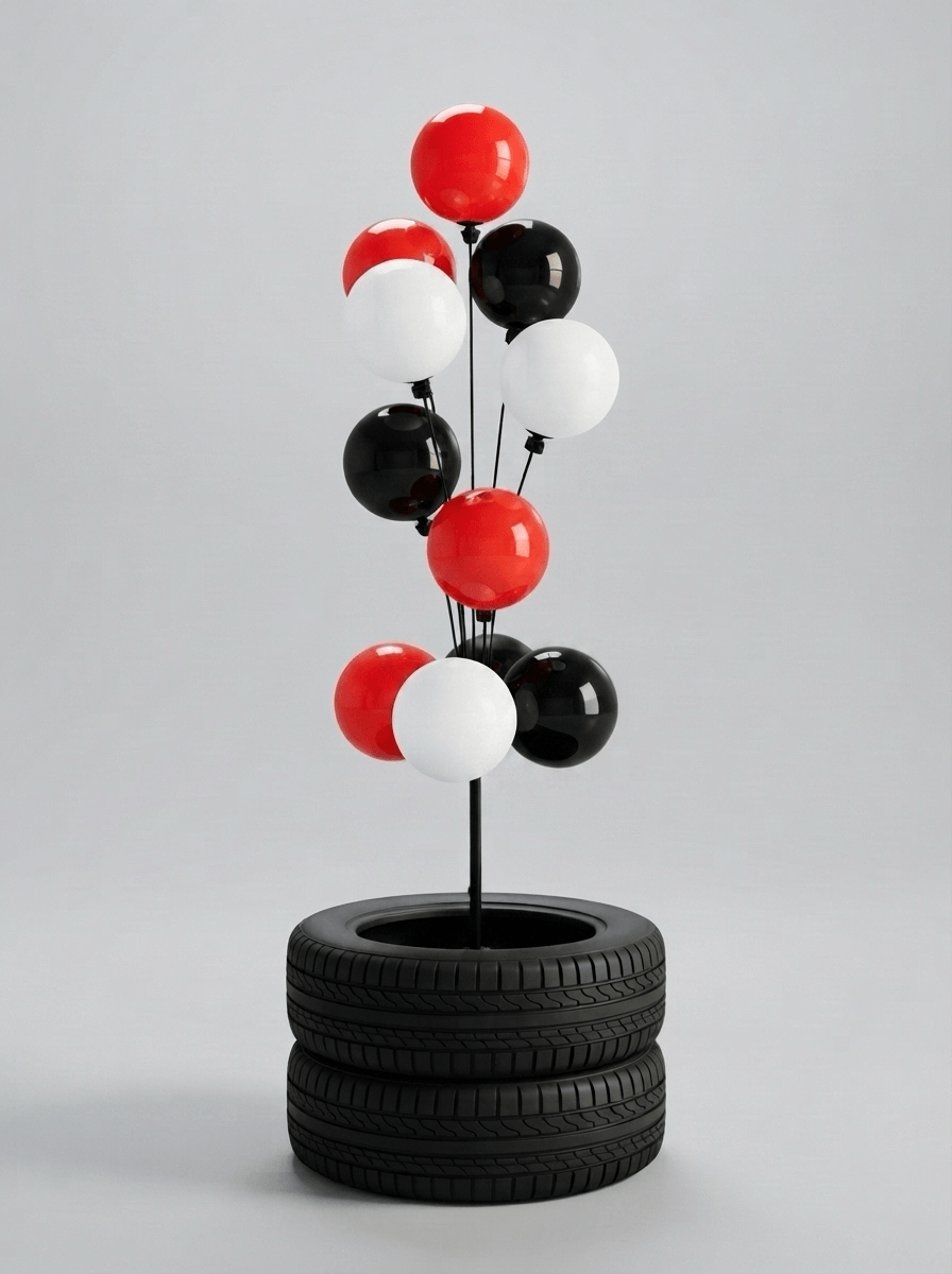 Neumáticos alrededor de la base en X de una columna de globos