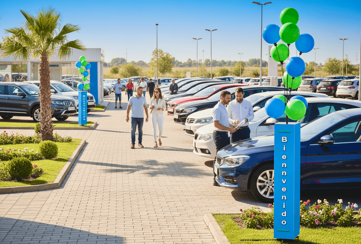 Dos columnas de globos azules y verdes en una campa de ocasión soleada llena de coches