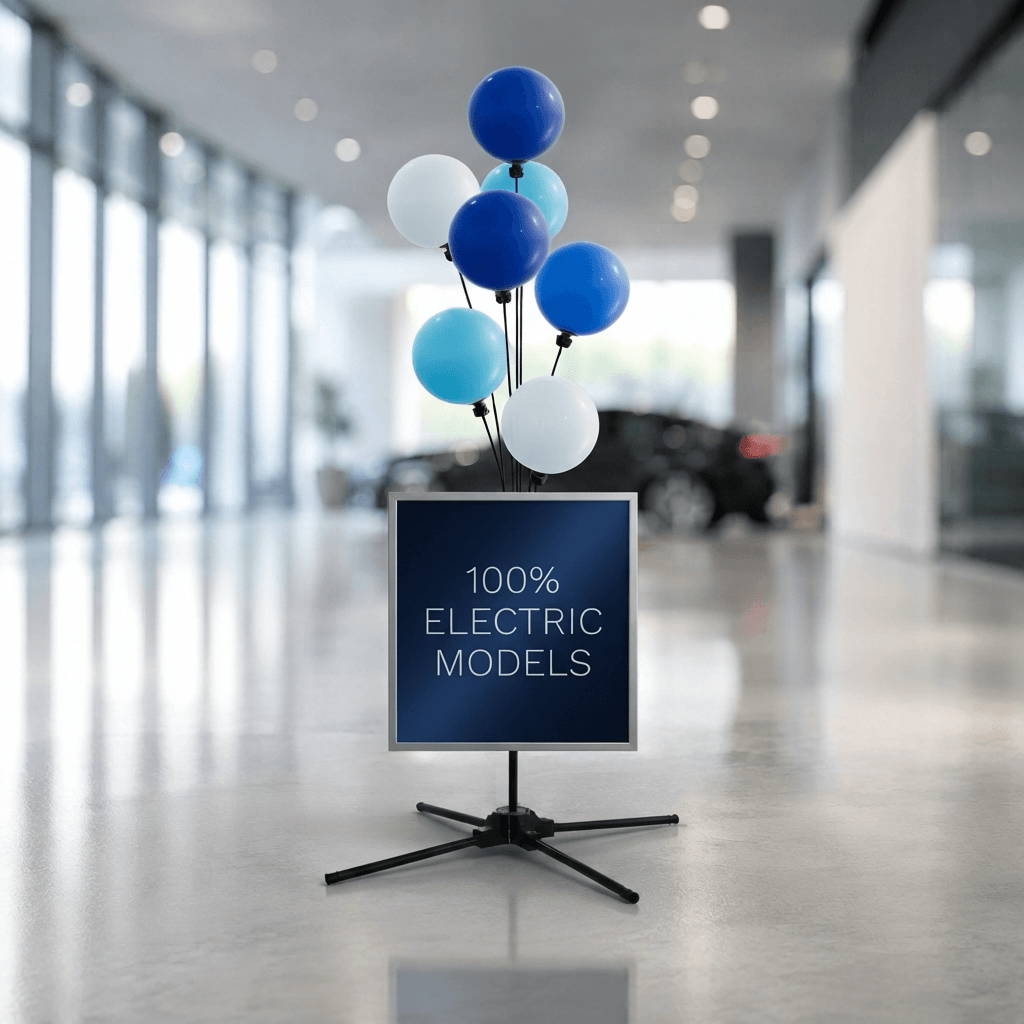 Cartel de acera con globos azules y blancos sobre un panel con el texto 100% Electric Models, en un showroom de concesionario