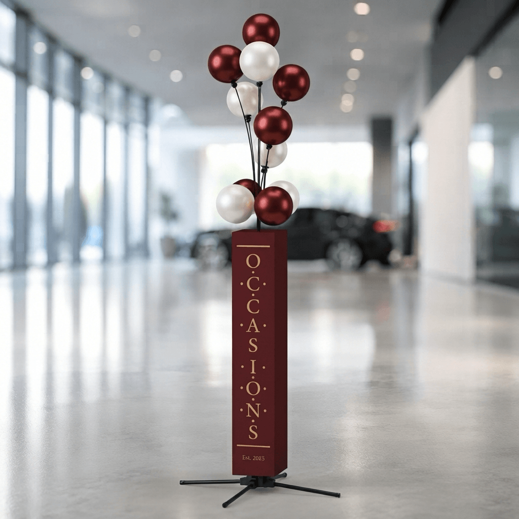 Cartel de acera con funda de poste burdeos con el texto Occasions y globos burdeos y blancos, en un showroom de concesionario