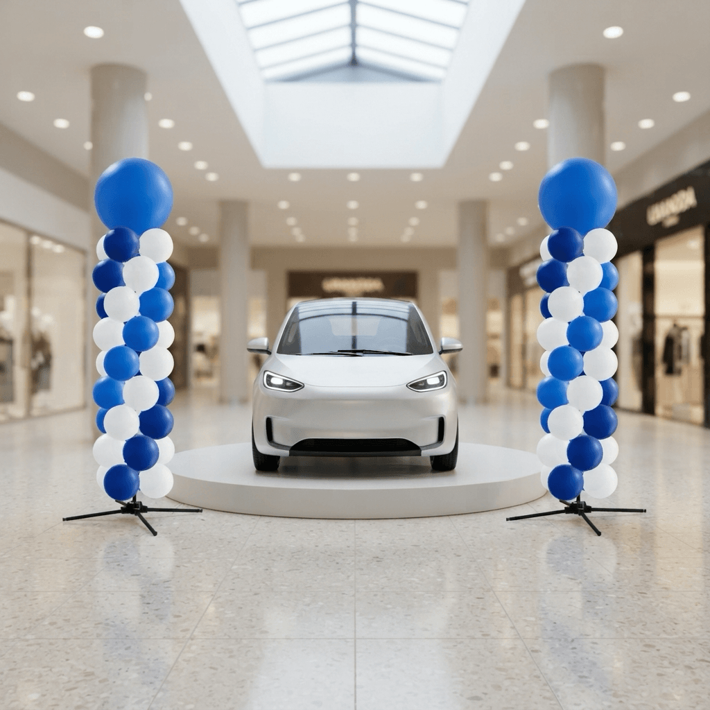 Dos columnas de globos azules y blancas con bola superior junto a un coche eléctrico blanco sobre una tarima en un centro comercial