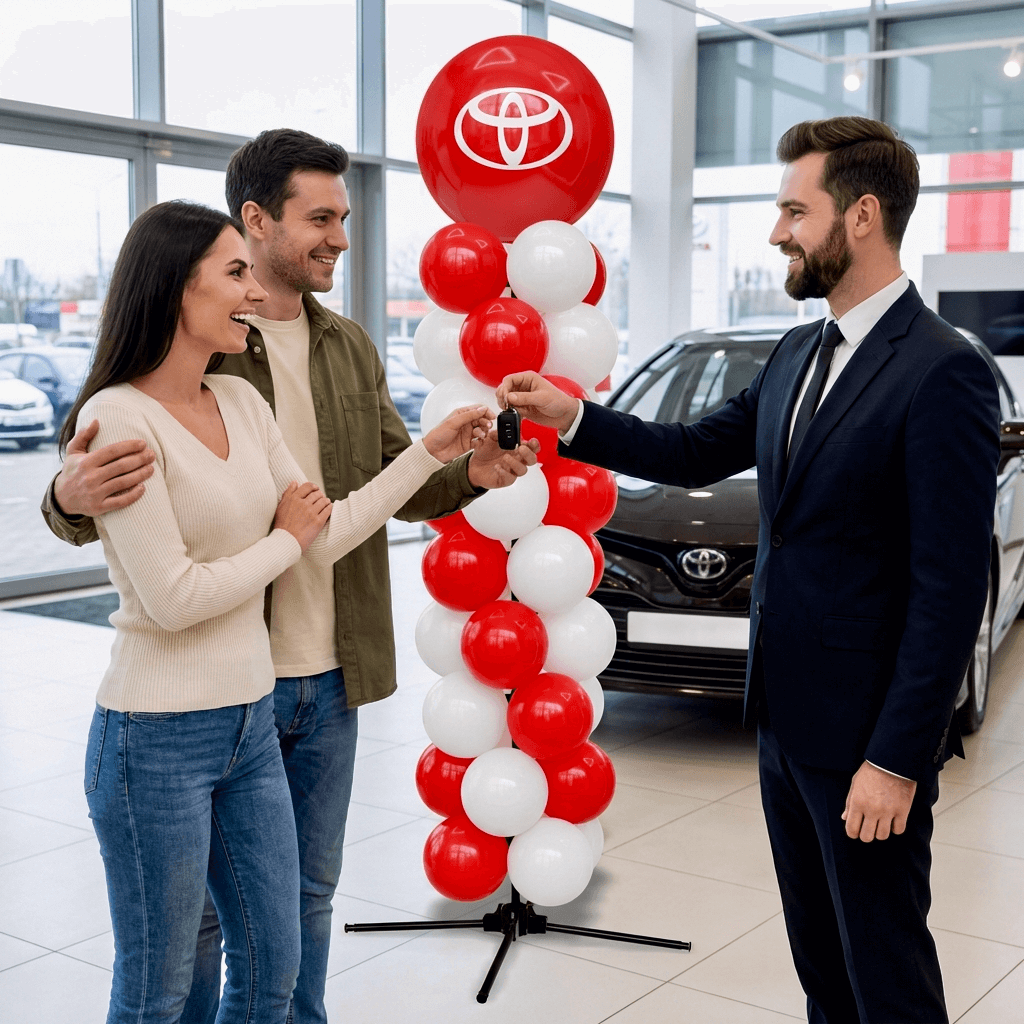 Comercial entregando las llaves a un cliente junto a un montaje de globos en la zona de entrega