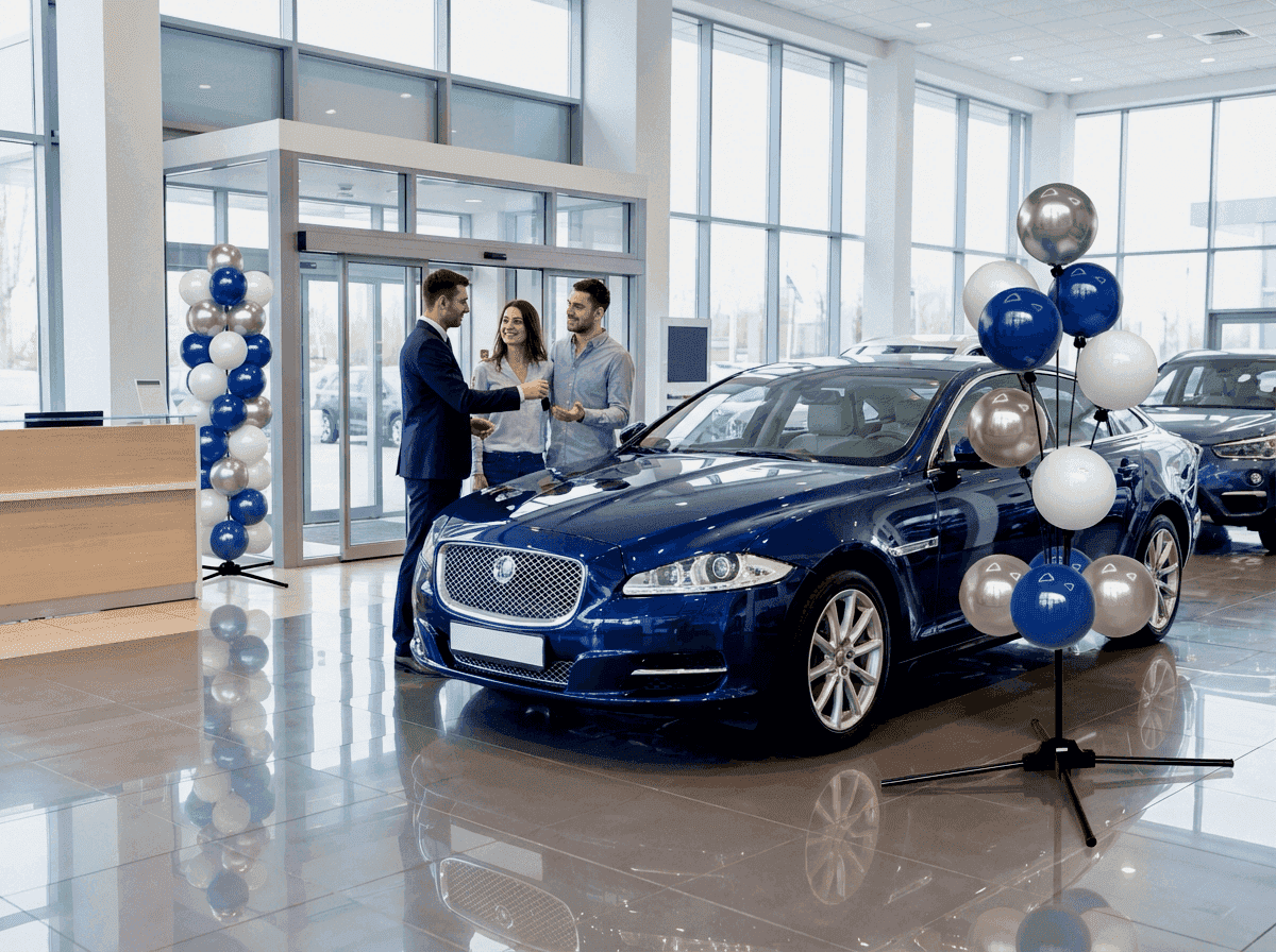 Coche de ocasión en una campa exterior con una columna de globos que marca el coche de la semana