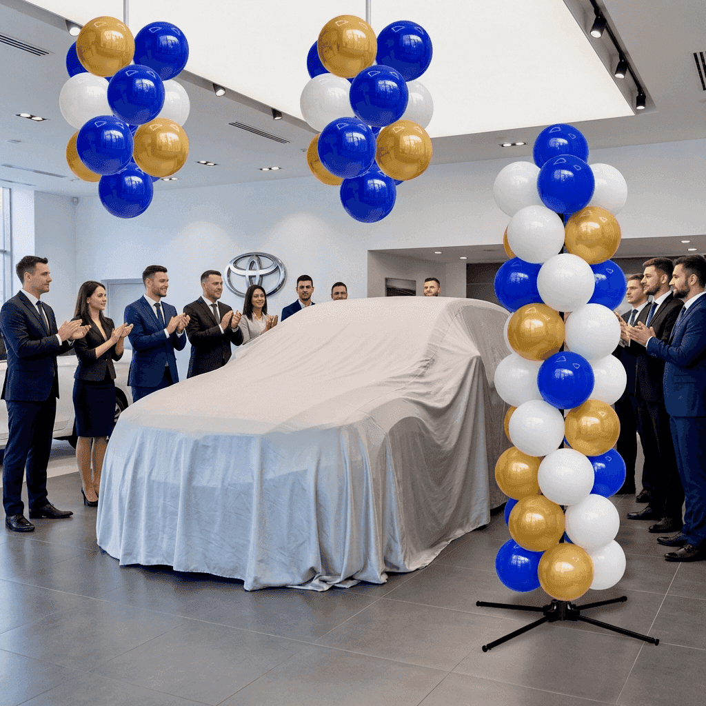 Columnas de globos en colores de marca junto a un coche nuevo sobre una tarima en un concesionario