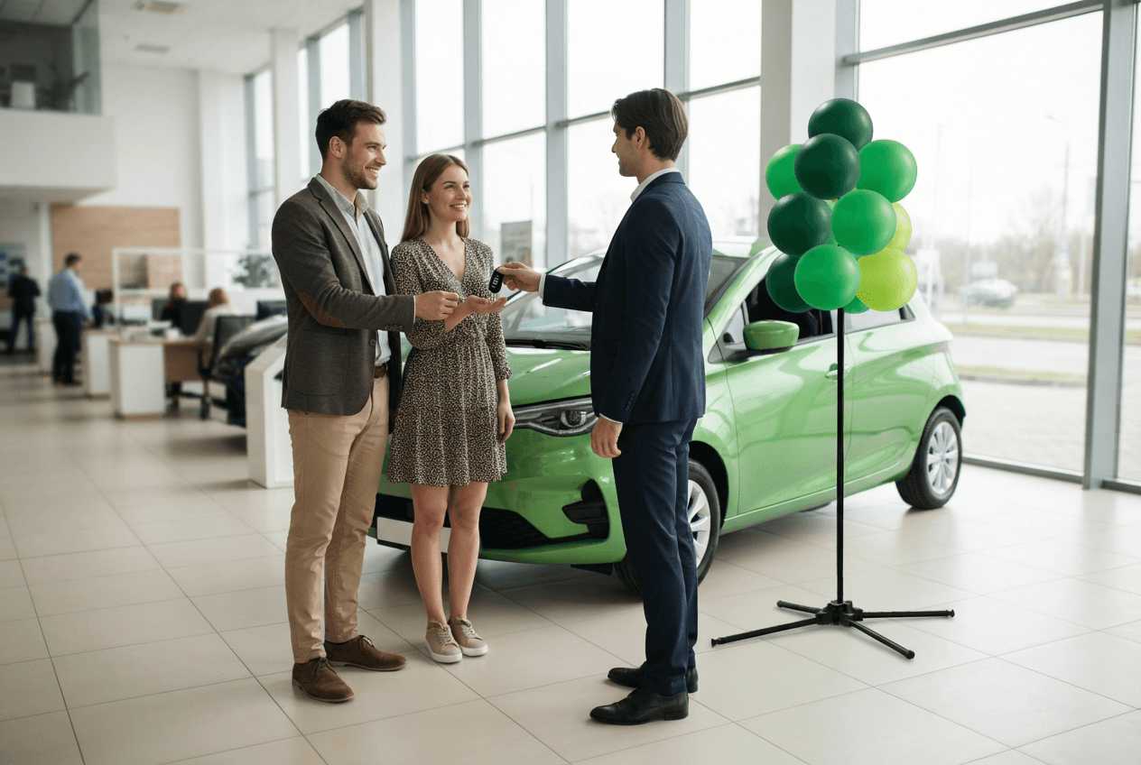 Vendedor entrega la llave del coche a una pareja junto a un coche eléctrico verde y un ramo de globos verdes en el showroom