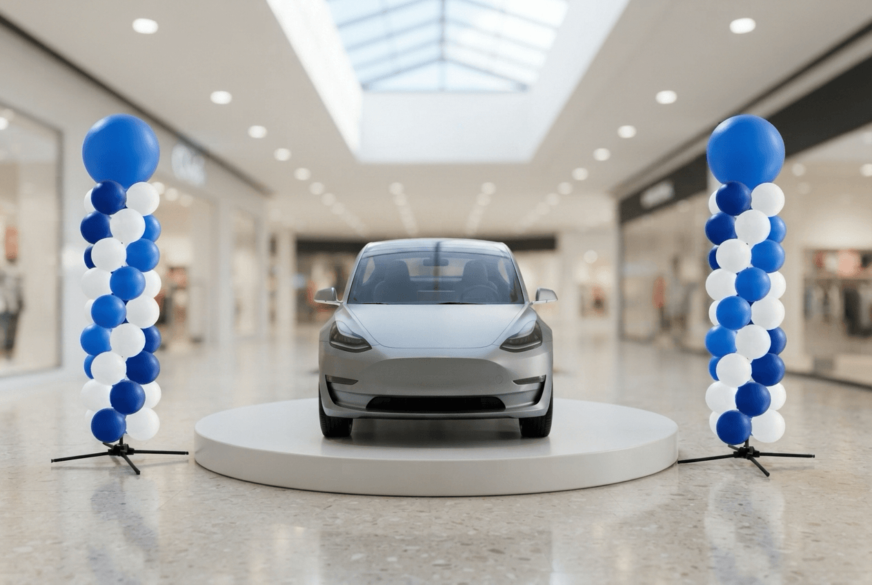 Dos columnas de globos con bola superior en azul y blanco junto a un coche eléctrico plateado sobre una tarima redonda
