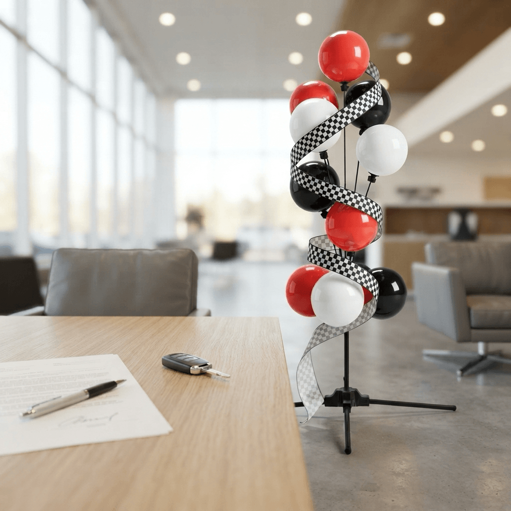 Contrato firmado con bolígrafo y llave del coche sobre una mesa, con un ramo de globos rojo, negro y blanco con cinta a cuadros al lado