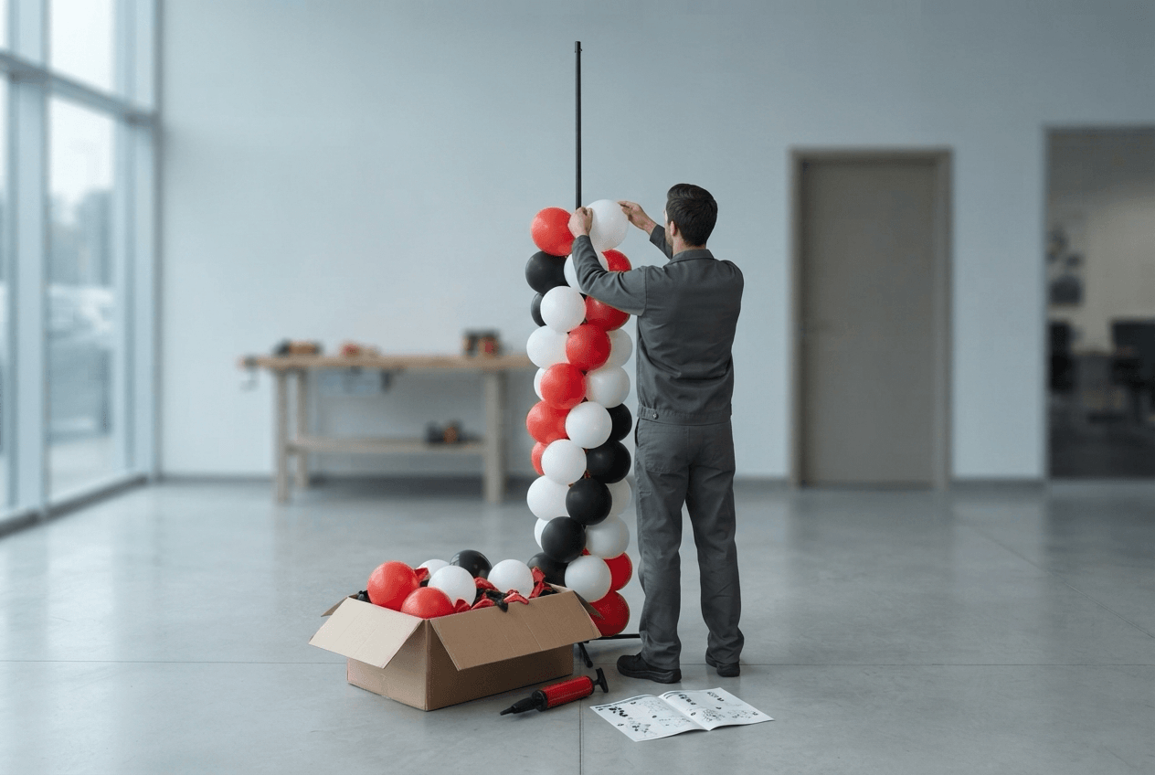 Un empleado monta una columna de globos en rojo, negro y blanco, con la caja y las instrucciones en el suelo