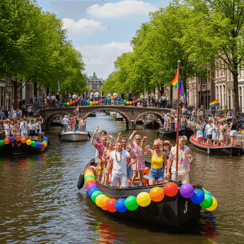 Decoración de globos arcoíris en barco del Canal Pride en los canales de Ámsterdam