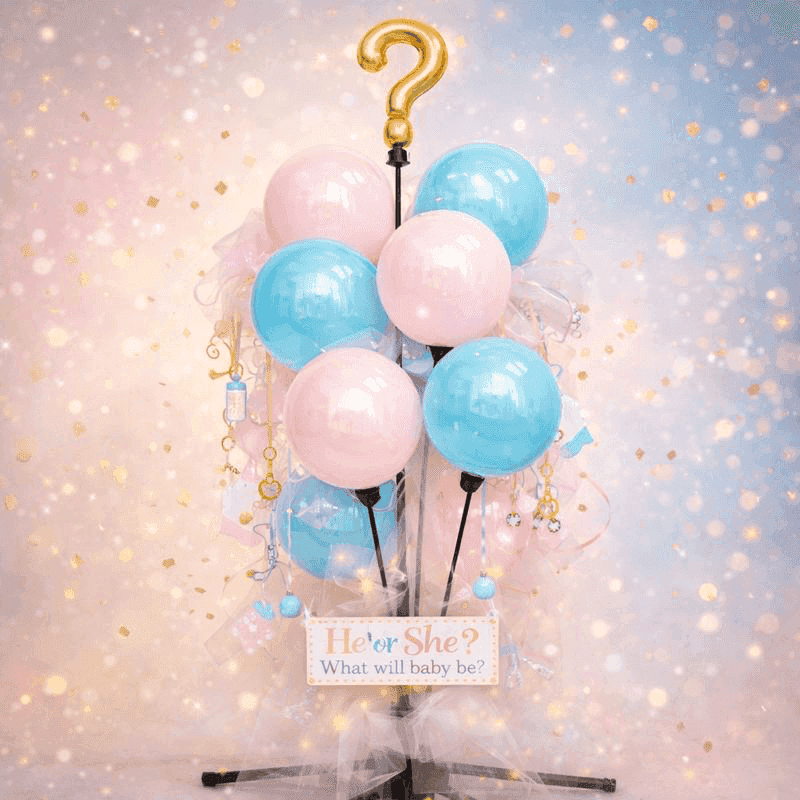 Fuente de globos gender reveal con globos rosas y azules y topper de signo de interrogación dorado