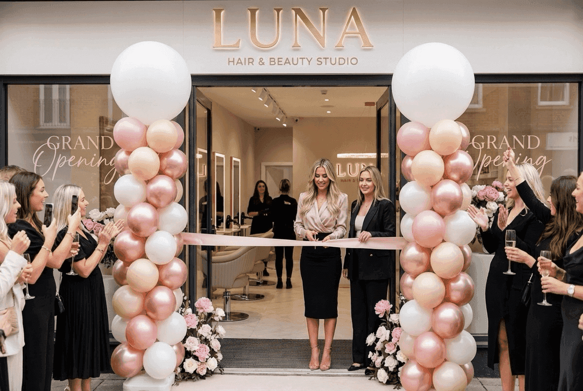 Colorido arco de globos en la gran inauguración de peluquería