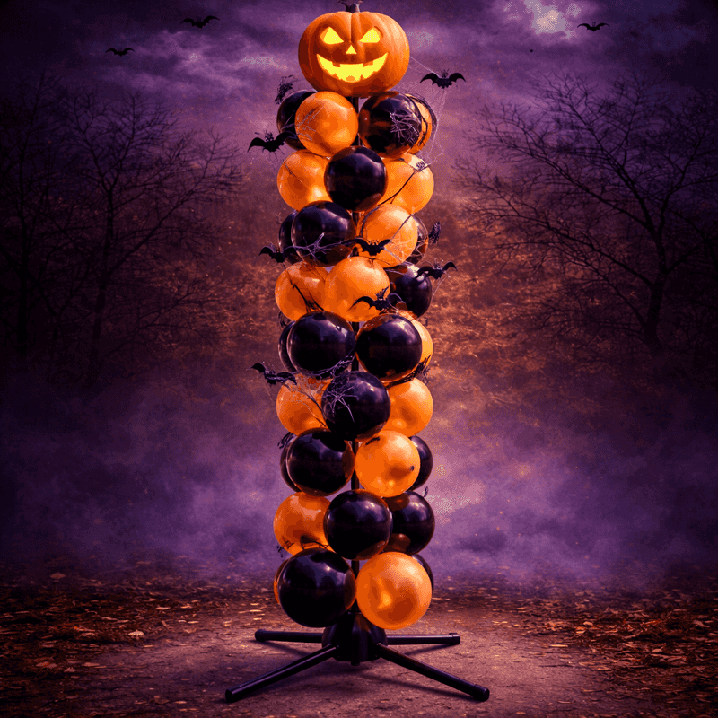 Columna de globos de Halloween con globos naranjas y negros y topper de calabaza