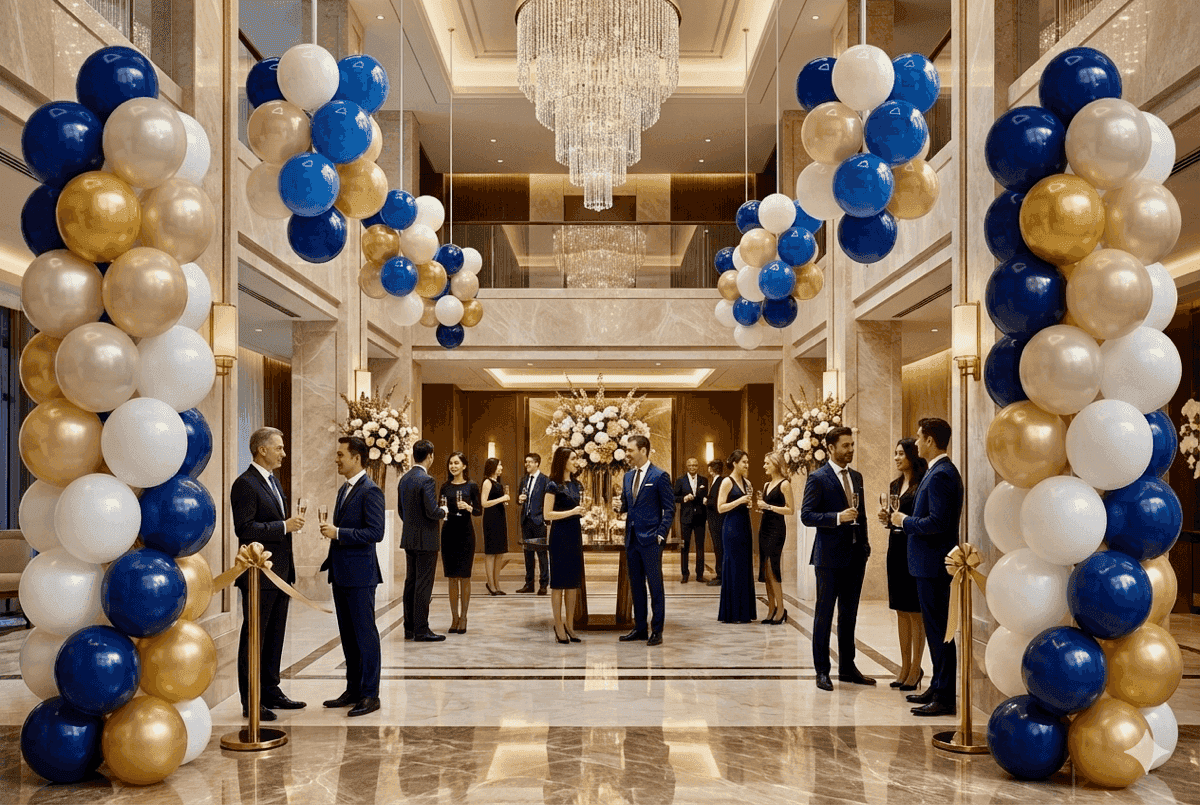 Elegante decoración con globos en lujoso vestíbulo de hotel