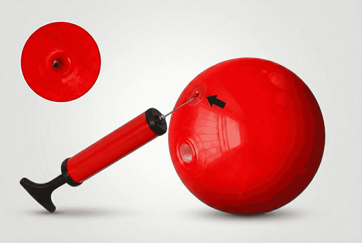 Bomba de balón con aguja apuntando a la válvula de una bola de PVC roja, con detalle de la válvula