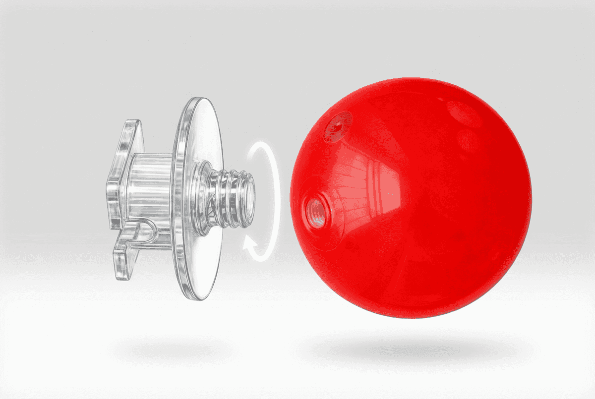 Conector DecorModule transparente siendo montado en la rosca de la bola de PVC