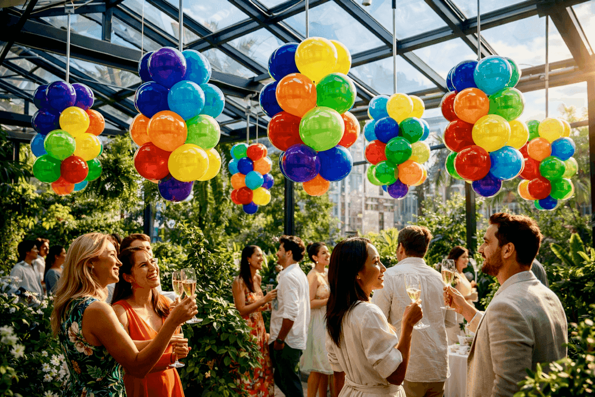 Decoración con globos blancos y verdes con acentos botánicos para boda