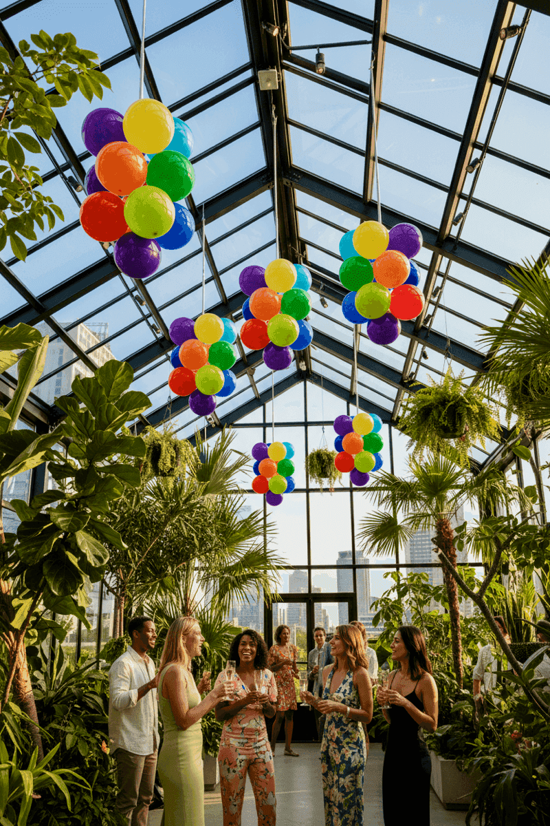 Decoración vertical con globos en invernadero de cristal para ceremonia nupcial