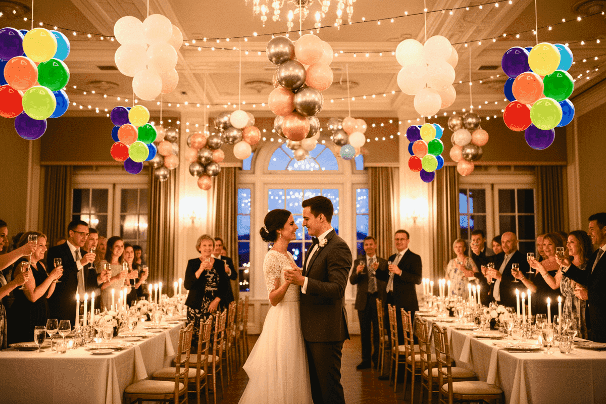 Elegante arco de globos en la entrada del lugar de bodas