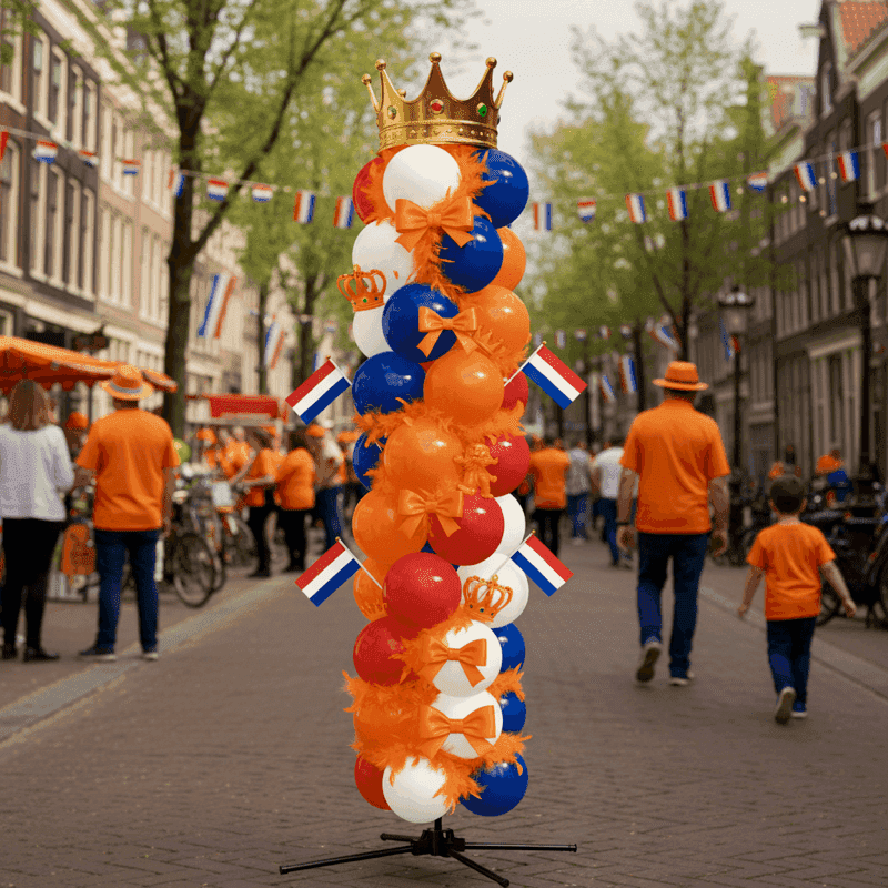 Festiva columna de globos naranja-azul-blanca del Día del Rey con corona en la calle durante fiesta popular