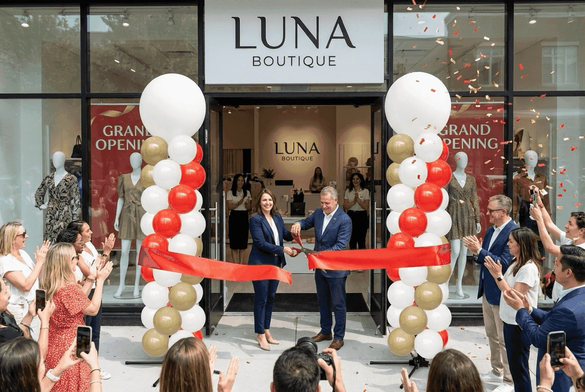 Elegante decoración con globos en inauguración de tienda de moda