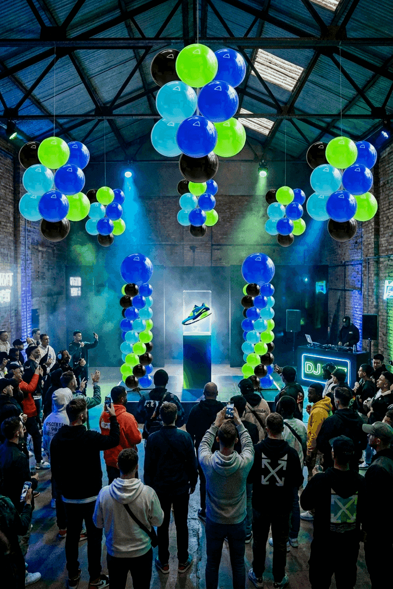 Decoración con globos como fondo para presentación de producto de calzado