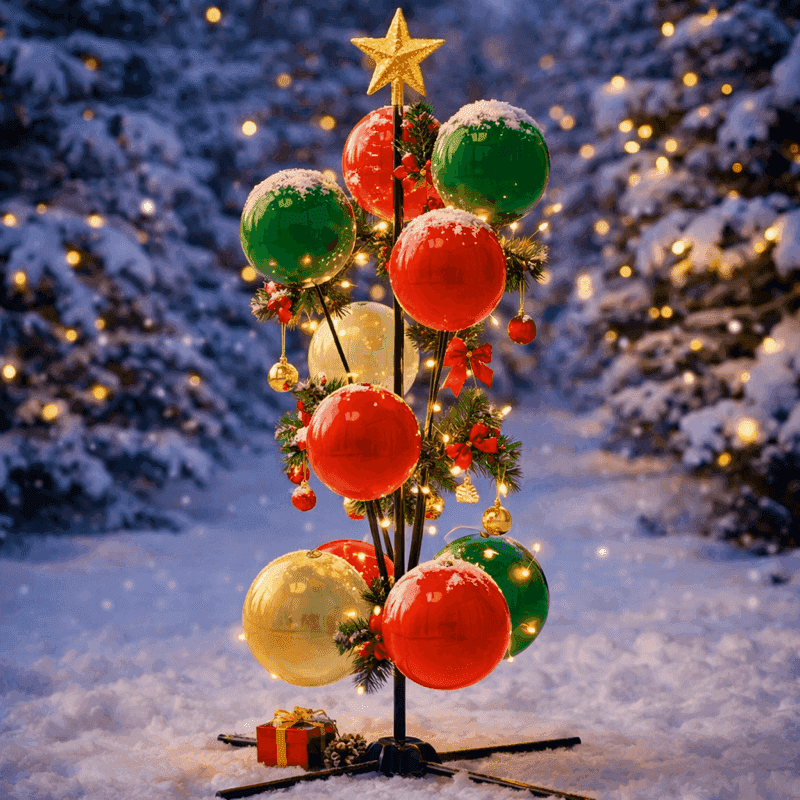 Fuente de globos navideña en rojo verde y dorado con topper de estrella en escenario invernal de nieve
