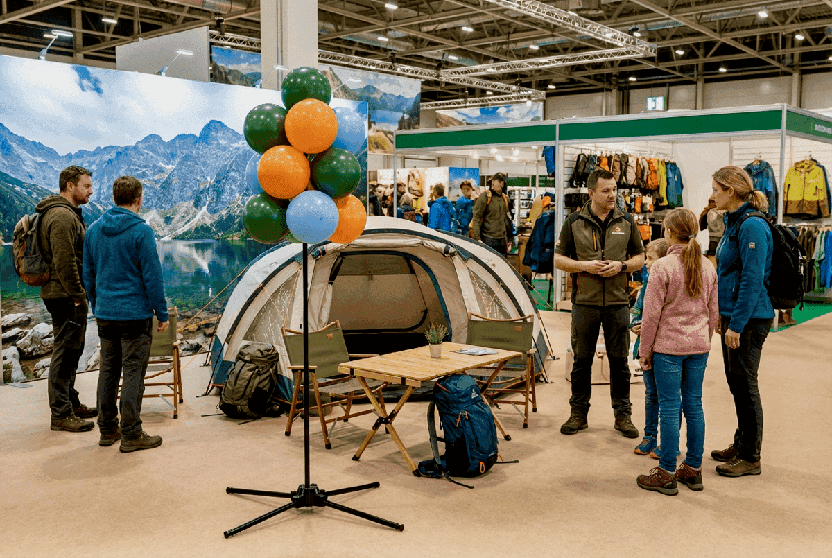 Racimo de globos de pie en colores corporativos junto a stand de feria atrae visitantes
