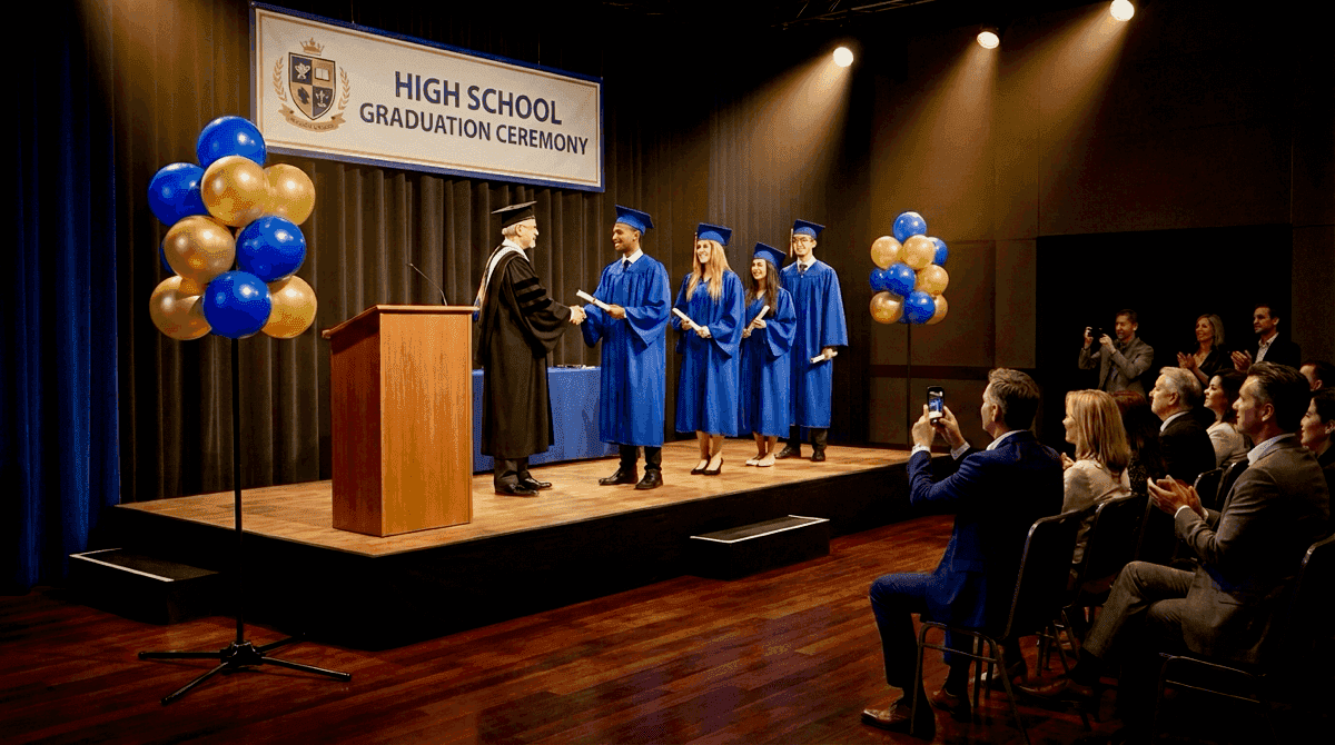 Racimos de globos de pie junto al escenario durante ceremonia de graduación escolar