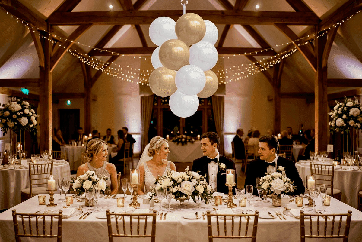 Racimos de globos blancos y dorados colgando sobre mesa de boda como decoración romántica