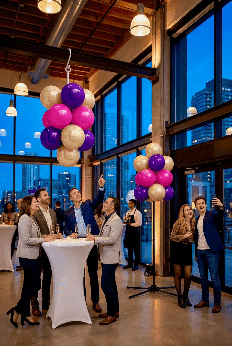 Racimo de globos PilaMania en colores arcoíris, mostrado en configuración colgante y de pie