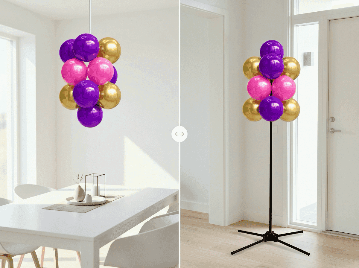 Racimo de globos PilaMania mostrado en ambas configuraciones: colgante y de pie