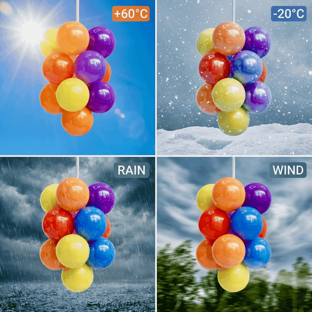 Racimo de globos en exterior bajo diferentes condiciones climáticas