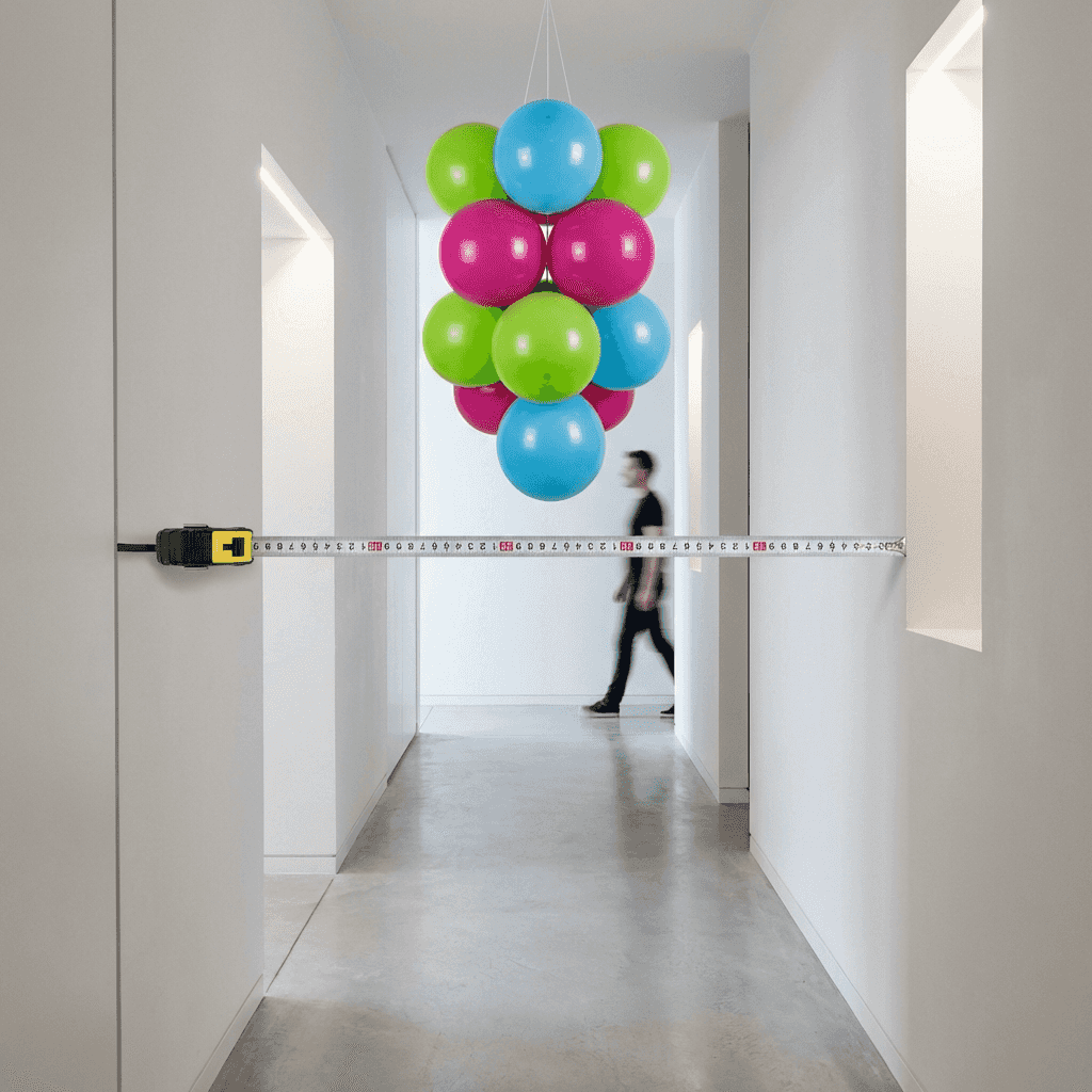 Racimo de globos compacto en espacio pequeño junto a entrada